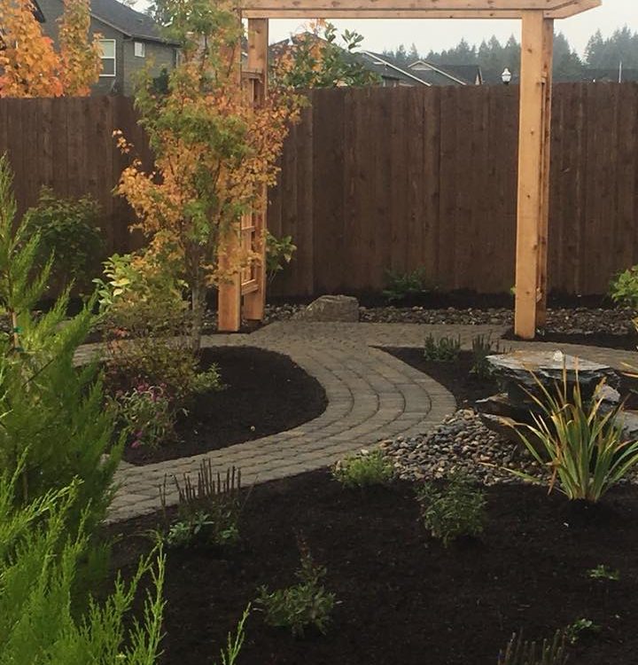 new home landscaping-Vancouver WA- Backyard Landscaping, water feature- paver pathways- planting- pergola
